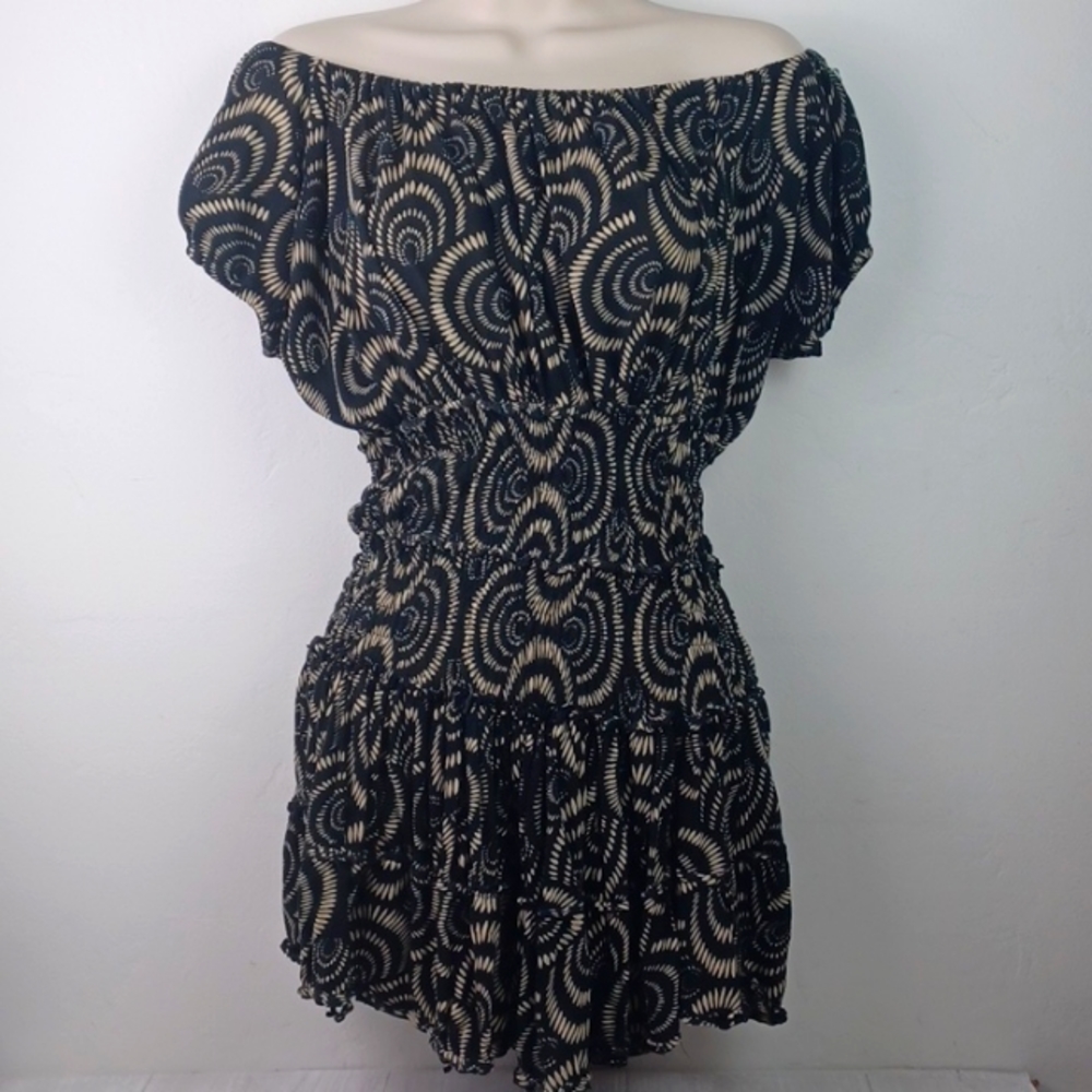 DUNIA MODERN ART GRAPHIC Tattered-Hem Figure-Forming Off Shoulder Mini Dress Top - Picture 10 of 12